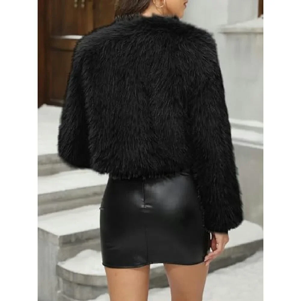Cropped Faux Fur Coat Fluffy Jacket with Pockets Women's S